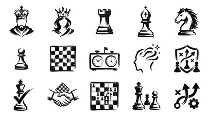 Collection of stylized black and white chess-themed icons and illustrations, representing strategy, competition, and the game itself. © Renald