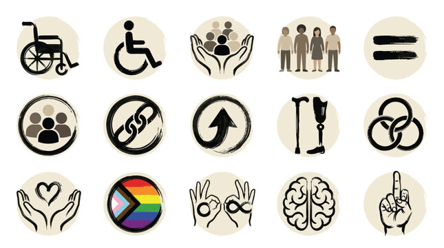 A collection of icons representing diversity, inclusion, accessibility, and equality in a circular format.