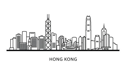 Obraz premium Iconic Hong Kong city skyline outline vector illustration featuring famous landmarks