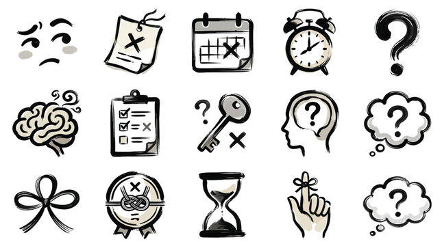 A collection of hand-drawn icons representing concepts related to memory, confusion, and tasks.