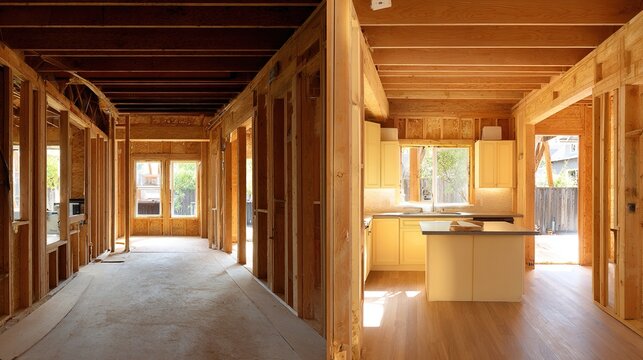 diptych. Transition from wooden house frame to modern kitchen, diptych composition showing architectural progression in natural light. real-estate listings.