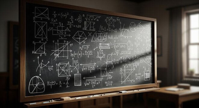 Chalkboard Full Of Complex Mathematical Equations In Classroom