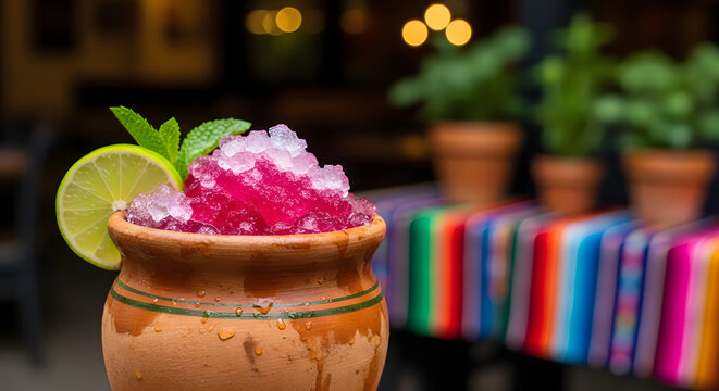 Vibrant Mexican Berry Margarita with Crushed Ice and Lime in Traditional Clay Jarrito