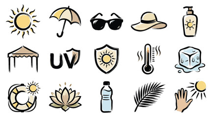 Collection of icons representing summer, sun protection, and heat-related elements for design and informational purposes. © Renald