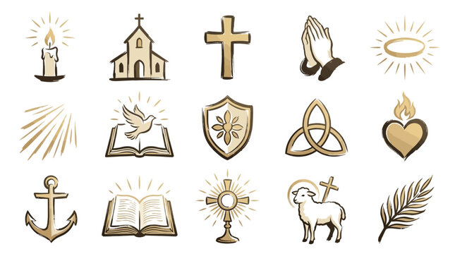 A collection of golden religious symbols, including a candle, church, cross, praying hands, halo, dove, Bible, shield, trinity knot, sacred heart, anchor, monstrance, lamb, and palm frond.