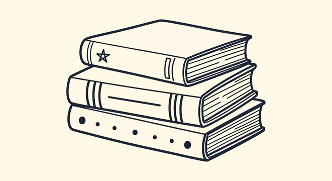 An outline sketch vector illustration of stacked books with a star on top viewed from the side in a simple setting.