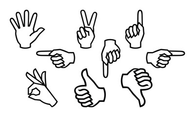 Fototapeta premium Black Line Hand Gesture Sticker Icons Set Outline Vector