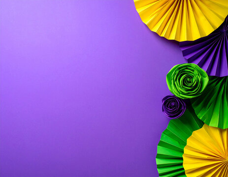 Purple Background with Yellow Green and Purple Paper Fans and Rosettes (70) stock