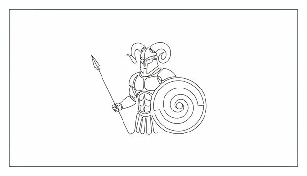 Ancient Warrior with Spear and Shield, Ram Helmet, Mythological Figure, Line Art