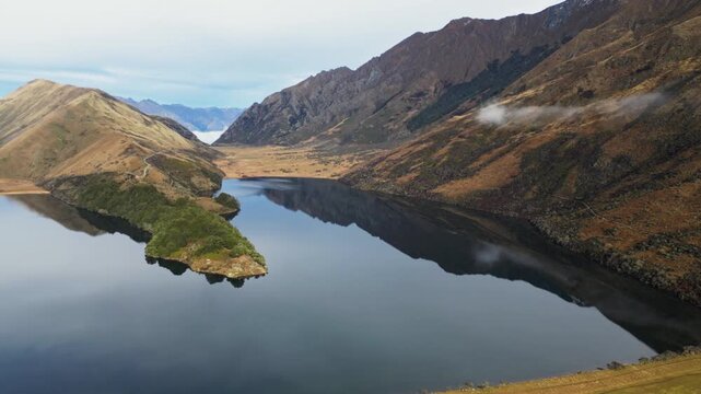 Aerial Pan shot of Moke Lake, New Zealand 