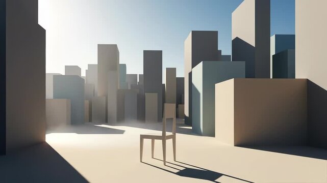 A solitary chair sits in a minimalist urban landscape.
