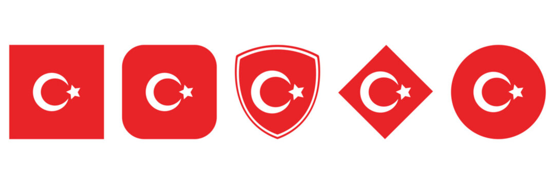 Turkey Flag Icon Set &ndash; Turkish Crescent Star Symbols in Square Circle Shield Shapes