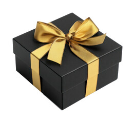 Obraz premium PNG Elegant black gift box with ribbon.