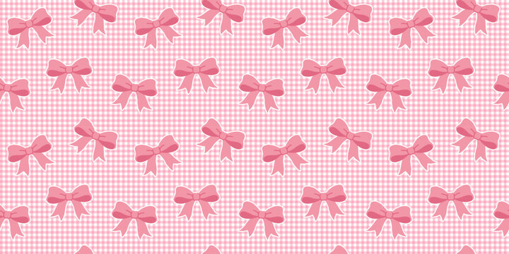 ピンク色のギンガムチェックとリボンのかわいいシームレスな背景画像。（A cute seamless background image of pink gingham check and ribbon.）
