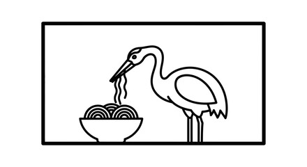 Fototapeta premium Crane Eating Noodles in Bowl, Minimalist Line Art Illustration