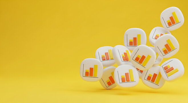 White cubes with rising bar graphs floating against a yellow background chart