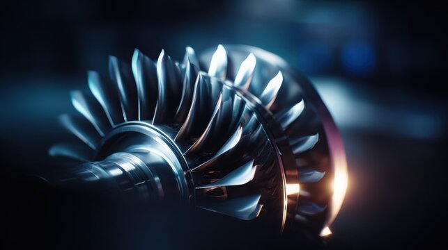 Close-up of intricate jet engine turbine blades showcasing advanced aerospace engineering and powerful mechanical design.