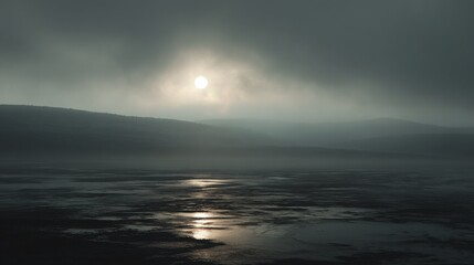 Obraz premium Ethereal sun obscured by volcanic ash haze over a desolate, misty landscape with water reflections.