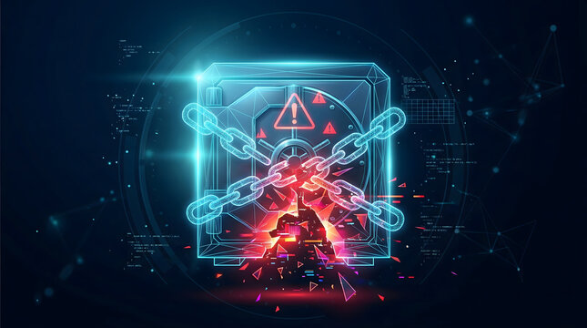 cyber security data breach concept with broken glowing digital safe and fractured chains representing hacking vulnerability and network protection failure in dark neon tech environment