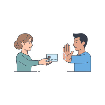 A woman offers a credit card to a man who is refusing the payment with his hand