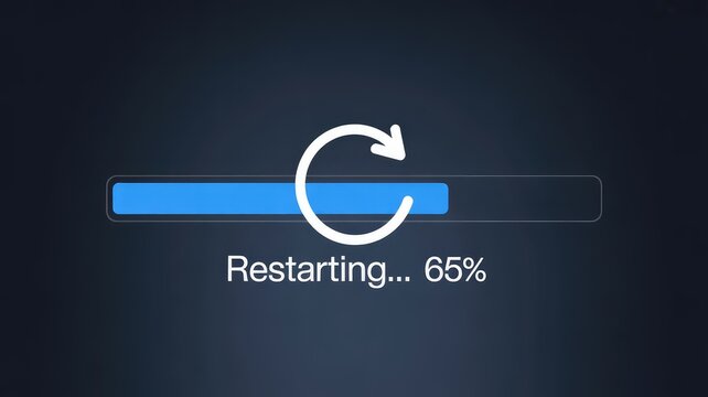 Modern digital display indicating a crucial computer system restarting with a visible blue progress bar, a circular refresh icon, and 65% completion.