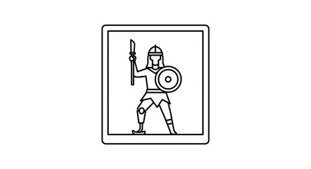 Fototapeta premium Ancient Warrior Icon with Shield and Spear, Medieval Soldier Line Art