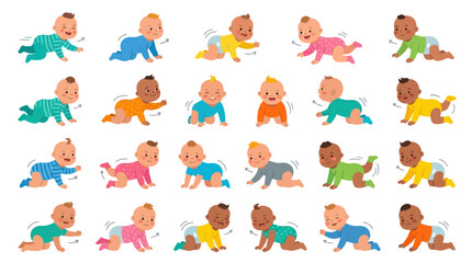 Obraz premium Cute cartoon babies crawling and playing in various outfits