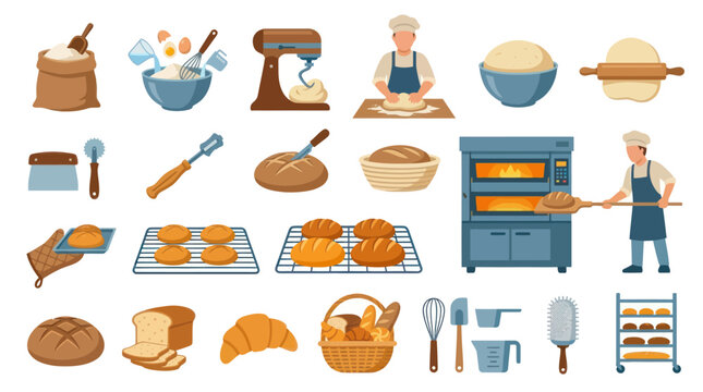 Flat Vector Icons of Baking Tools, Bread, and Bakery Equipment