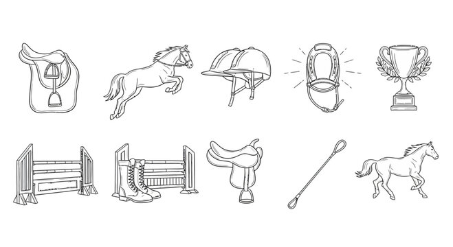 Set of equestrian elements including horses, saddles, helmets, jumps, and trophies in line art style for sports, racing, and horse riding themes.