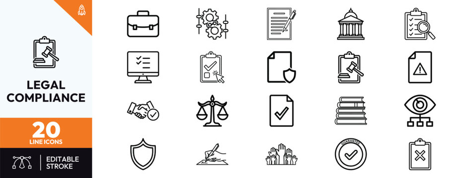 Legal Compliance Line Icon Set featuring business law regulatory symbols for justice ethics corporate governance audit documentation and government policy implementation assets.