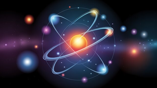 A digital rendering of a glowing orange atom model with orbiting electrons in space