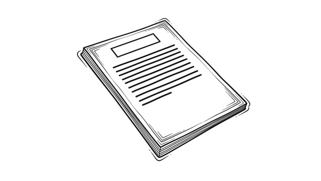A simple black and white sketch of a stack of documents with text lines and a title box, ideal for illustrating concepts of paperwork, reports, learning, or administrative tasks.