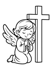 Fototapeta premium Divine Messenger and the Sacred Cross: A serene illustration features a sweet angel kneeling in prayer beside a symbolic cross, embodying faith and reverence. 