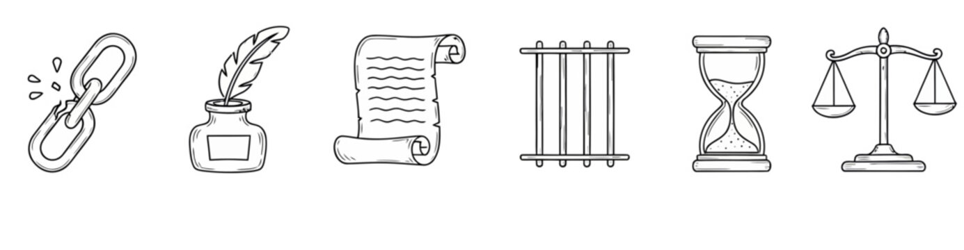 Handdrawn icons depicting broken chain, quill, scroll, prison bars, hourglass, and scales of justice. Perfect for legal, historical, and human rights themed projects.