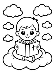 Fototapeta premium Heavenly Guidance: A serene illustration shows a child, seated upon a cloud, absorbed in a book with a cross, surrounded by fluffy clouds, a visual prayer.