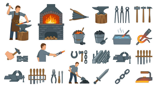 Blacksmithing Metalworking Forging Craft Flat Vector Icon Set with Tools, Equipment  Workers