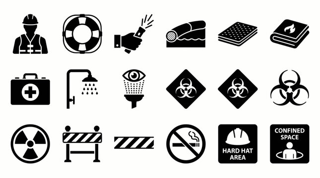 Essential set of safety and hazard symbols for industrial workplaces, construction sites, and emergency situations. Perfect for risk assessment and safety training materials.