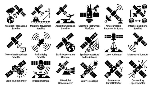 Explore a comprehensive collection of satellite function icons showcasing various space technology applications for earth observation, communication, navigation, and scientific research