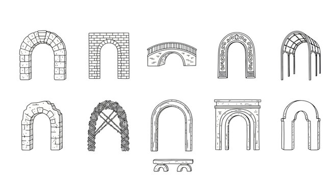 Diverse handdrawn architectural arches and a bridge. This collection features various styles including stone, brick, wood, and garden arches, ideal for historical or structural design projects.