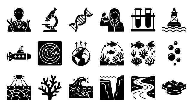 Comprehensive glyph icon set for marine science, oceanography, environmental research, and aquatic ecosystems, ideal for educational materials and scientific presentations.