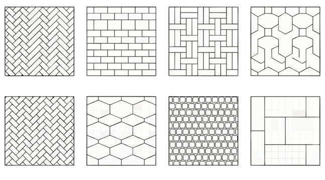 Minimalist vector graphic collection showing various paving patterns and floor tiling textures designed for architectural planning and modern landscape construction projects