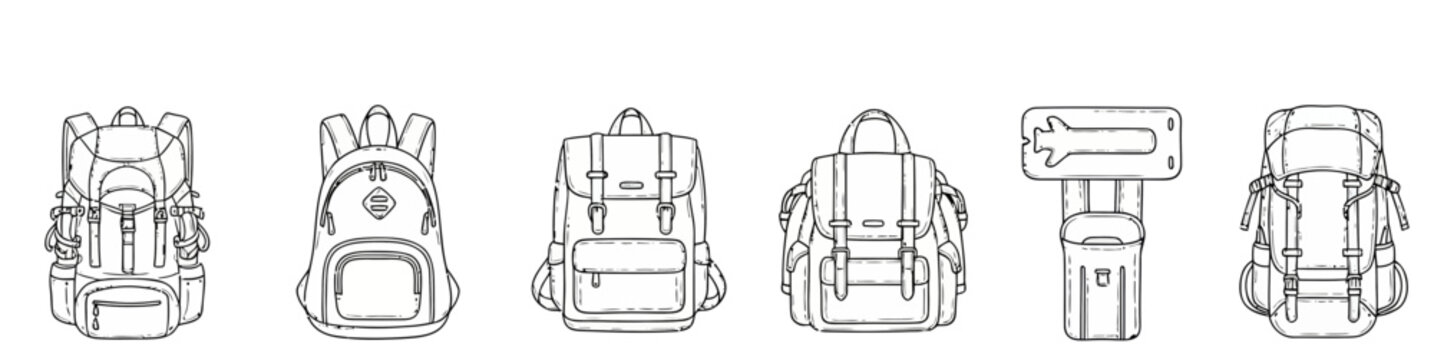 Assorted backpacks depicted in a handdrawn outline style, featuring different models for school, hiking, and travel, ideal for graphic resources and educational materials.