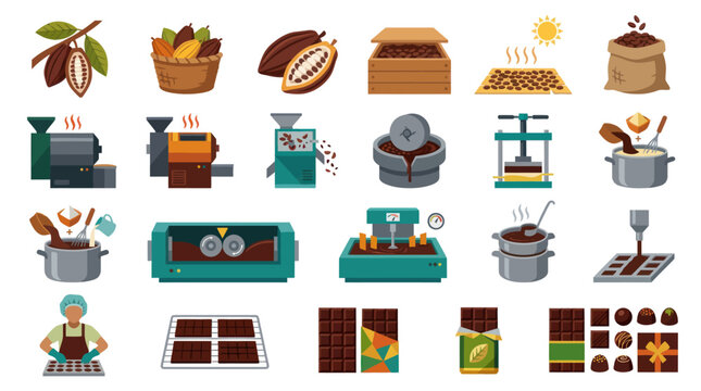 Flat Vector Food Icons: Chocolate Production Process from Cocoa Bean to Confectionery