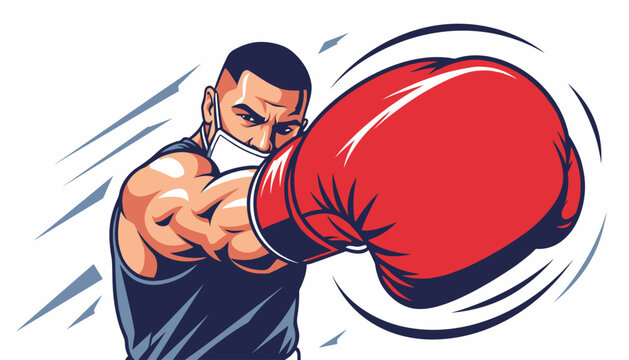 Boxer throwing a powerful jab while wearing a face mask, vector illustration