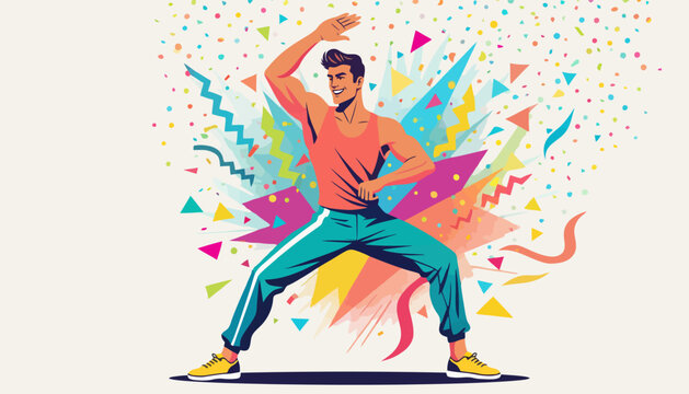 Energetic Zumba dancer in dynamic pose with colorful confetti vector illustration