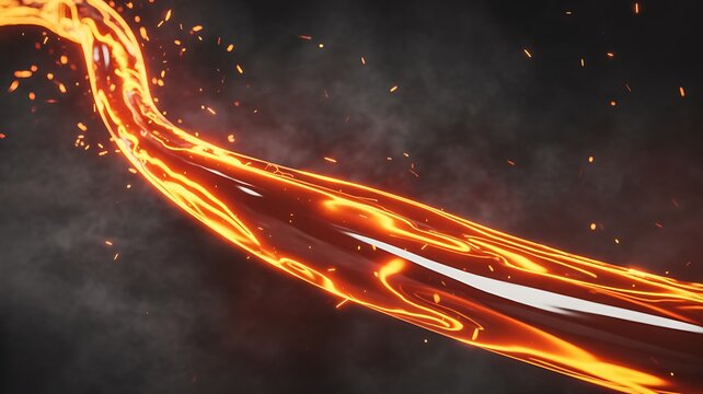 A dramatic digital art piece of a flowing fiery wave swoops through a dark smoky environment with sparks flying everywhere.