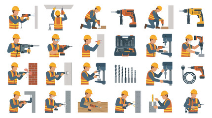 Fototapeta premium Construction Worker with Drill Tools Flat Vector Icons Set