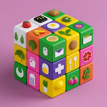 Cube, icons, Colorful educational cube with playful icons for children&rsquo;s learning and development in a modern studio setting, ideal for advertising and marketing campaigns, modern, minimalist