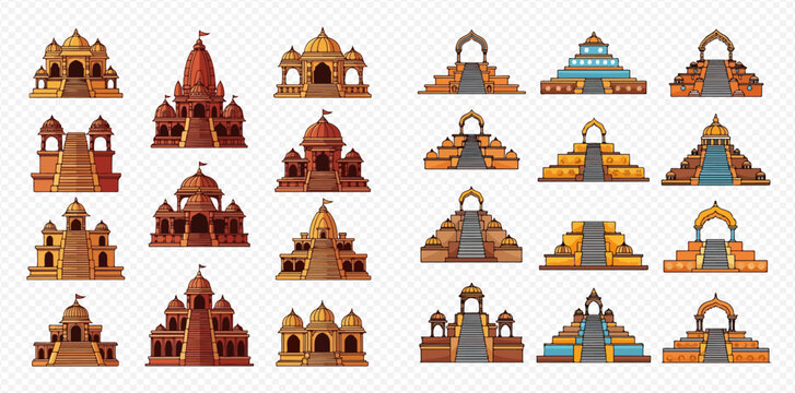 Set of ancient temples and pyramids illustrations, historical architectural structures, isolated vector elements.