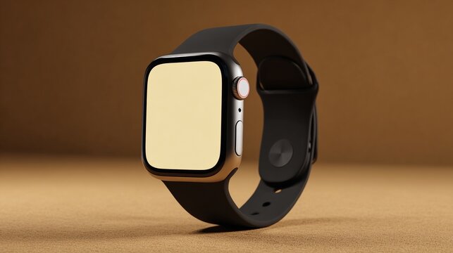 Sleek black smartwatch with a blank screen showcasing modern design in a studio setting for advertising and marketing campaigns, minimalist, modern, sleek, advertising, marketing campaign